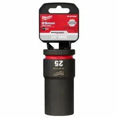 Metric deep impact socket with 3/4" drive and 25 mm hex size. Six-point design and friction retention provide secure engagement with impact tools. Black phosphate finish resists corrosion. Suitable for heavy-duty fastening and loosening of metric fasteners in automotive, construction, and industrial maintenance.