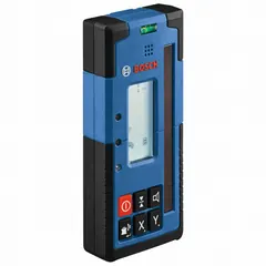 Laser level receiver for detecting and aligning laser beams in construction and surveying. Includes AA batteries and mounting bracket. Plastic housing in blue and red. Overall height 1 1/4 in, width 3 in.