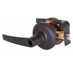 This classroom lever lockset is constructed with a bronze body and finished in Dark Oxidized Satin Bronze, Oil Rubbed Bronze. It is ADA compliant and features a Small Format Interchangeable Core (SFIC) for keying flexibility. The ANSI F84 function allows key-locking from the exterior while maintaining free egress from the interior, suitable for classroom doors in educational settings.