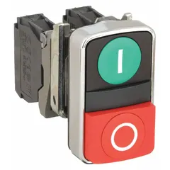 This SCHNEIDER multihead push button from the XB4 series features two 22 mm metallic momentary buttons with I/O legend and 1NO/1NC contacts. It is non-illuminated and rated for AC 1.2 A @ 600 V and DC 0.27 A @ 250 V. Typical applications include industrial machine control, panel building, and automation systems for start/stop or on/off functions.