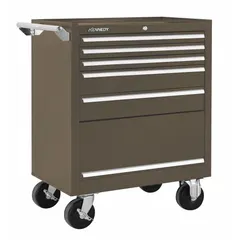 This heavy-duty rolling tool cabinet from KENNEDY measures 29 inches wide by 20 inches deep by 35 inches high and features five drawers. The brown finish provides a professional appearance suitable for industrial workshops and maintenance facilities. It is designed for organizing and securing tools and parts in machining, electrical, and general plant environments.