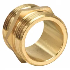 This brass rigid adapter connects fire hoses to hydrants or standpipes, featuring NPT x NH threads and a 1-1/2 in compatible pipe size. The straight, hex, cast design allows for secure hand-tightening. Used in fire protection systems and municipal water supply for reliable thread transitions.