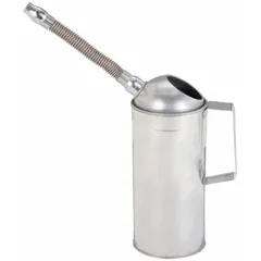 Measuring container with 2 qt fluid capacity, 6 in overall diameter, and 9 in overall height. Features a flexible pour spout for controlled dispensing into tight spaces. Silver color. Suitable for precise fluid measurement and transfer in industrial maintenance, lubrication, and chemical handling applications.