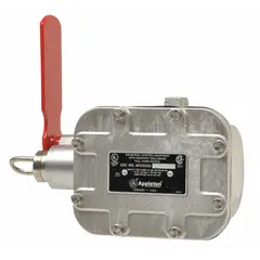 Single-head cable-pull switch with maintained action and actuator reset. Cast aluminum case with flag arm indicator and conduit wiring entry. Rated 1 HP at 240V AC, 15 A at 240V AC, 0.4 A at 230V DC. Left pull cord requires 25 lb pull force. Used for emergency stop applications on conveyors, packaging lines, and other industrial machinery.