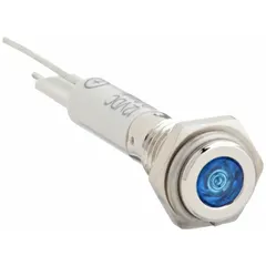 This LED indicator pilot light features a blue flush head with a 6 mm panel mounting hole diameter. It uses a lead for soldering electrical connection, suitable for low-voltage circuits. Commonly used in industrial control panels and machinery to provide a visual status signal.