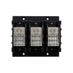Open-style power distribution block with lug-to-lug connections, accepting line-side wire sizes from 6 AWG to 350 kcmil. Aluminum construction for surface mounting. Used to distribute power from a single input to multiple outputs in industrial control panels and switchgear.