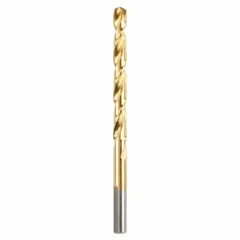 This jobber-length drill bit is made from high-speed steel with a titanium nitride (TiN) coating for increased wear resistance. The 135° split point reduces walking on curved surfaces, while the parabolic flute design aids chip evacuation in deep-hole drilling. Suitable for general metalworking and fabrication tasks in ferrous and non-ferrous materials.