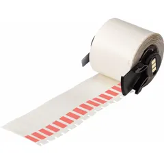 Red matte vinyl wraparound label measuring 1 1/2 in x 1/4 in, designed for wire gauges 10 AWG to 4 AWG. Compatible with M610 printer series and requires M61-R4310 ribbon. Used for permanent identification of wires in electrical panels, industrial equipment, and maintenance applications.
