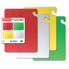 Set of four co-polymer cutting boards in white, green, red, and yellow, each measuring 12 inches wide by 18 inches long. Color-coded boards help separate food types during preparation. NSF certified for use in commercial foodservice environments.