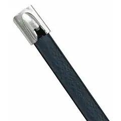 Coated 316 stainless steel cable tie with ball lock locking style. Nominal length 14 1/2 in, width 0.31 in, maximum bundle diameter 4 in. Black finish. Supplied in pack of 50. Used for bundling and securing cables in industrial environments.