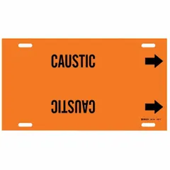 Snap-on pipe marker for identifying pipes carrying caustic substances. Orange background with black legend and directional arrows. Fits pipe outer diameters from 6 to 7 7/8 inches. Supplied as a single marker.