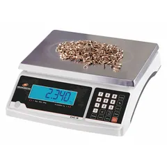Compact bench scale for weighing parcels and packages. Capacity 60 lb with readability of 1 g / 0.002 lb. Stainless steel platform, 8 3/4 in weighing surface depth. Supports g, kg, lb, oz units. Includes RS-232 interface for data connectivity.