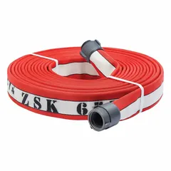 Double-jacket attack fire hose with 1 3/4 in inside diameter and 25 ft length. Constructed with synthetic yarn jacket and nylon-reinforced NBR rubber lining. Fitted with NST x NH couplings featuring aluminum rocker lugs. Suitable for high-pressure water delivery in fire suppression operations.