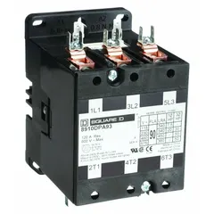 Three-pole, three-phase definite purpose contactor with 3NO main contacts, rated 90 A at 600V AC. Coil voltage 110/120V AC. Box lug terminals for secure wiring. Suitable for HVACR applications such as compressors, fan motors, and refrigeration units.