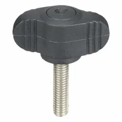 Wing knob with threaded stud for manual adjustment and clamping in industrial fixtures, jigs, and machinery. Features a plastic body with a stainless steel #10-32 thread, 28 mm diameter, and 20 mm thread length. Wing design enables hand tightening without tools.