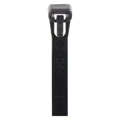 Black push-release cable tie for outdoor use. 8-inch length, 50 lb tensile strength, maximum bundle diameter 1 7/8 inches. Pack of 100 ties.