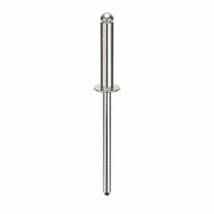 Open-end blind rivet with domed head, 0.122" diameter, 1.721" overall length, 5/8" body length. Inch size. Supplied in 500-piece pack. Used for fastening sheet metal, plastics, and composite materials where only one-sided access is available.
