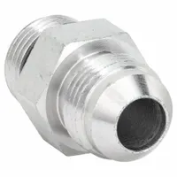This rigid, straight steel adapter connects an ORB (O-Ring Boss) male port to a JIC (Joint Industry Council) male port. It is used in hydraulic systems to join components with different thread types, providing a leak-resistant connection. The adapter features a 1/2 in x 1/2 in fitting size and male x male gender