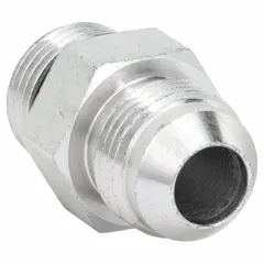 This rigid, straight steel adapter connects an ORB (O-Ring Boss) male port to a JIC (Joint Industry Council) male port. It is used in hydraulic systems to join components with different thread types, providing a leak-resistant connection. The adapter features a 1/2 in x 1/2 in fitting size and male x male gender.