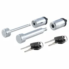 This receiver lock is constructed from steel with a chrome-plated finish in silver. It includes four keys and is designed to secure a trailer hitch receiver, preventing theft of the hitch or ball mount in towing applications.