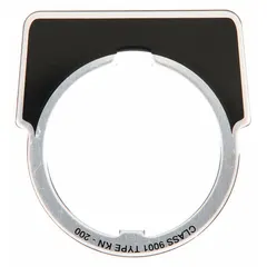 Half-round push-button ring and plate with 30 mm panel mounting size, 1 3/4 in overall height, and 1 5/8 in overall width. Constructed of metallic aluminum with a silver finish and black notch. Used to label or identify control functions on industrial control panels and operator stations.