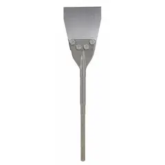 This chisel bit is designed for use with SDS-Max hammer drills. It features a 6-inch head width, 25-inch overall length, and a 45/64-inch shank diameter. Suitable for composite removal, chipping, and scaling tasks in construction and demolition applications.