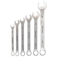 This set includes six SAE 12-point combination wrenches with a satin finish, covering head sizes from 3/8 in to 3/4 in. The wrenches are made of alloy steel and come in a tool roll for organized storage. Suitable for tightening and loosening fasteners in maintenance, repair, and assembly tasks.