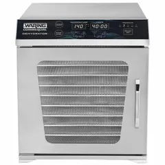 10-tray dehydrator for drying fruits, vegetables, herbs, and jerky. Operates at 800 W and 120V AC. Overall dimensions: 14 1/2 in wide, 16 1/4 in high, 20 in deep.