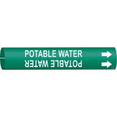Green snap-on pipe marker with white 'Potable Water' legend and directional arrows. Fits pipe outer diameters from 2-1/2 to 3-7/8 inches. Used to identify drinking water lines in piping systems, aiding in clear visual communication for maintenance and safety.