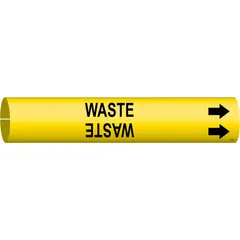 This snap-on pipe marker identifies waste lines in piping systems. It features a yellow background with black legend text and directional arrows. Designed to fit pipe outer diameters of 4 to 6 inches. Suitable for industrial facilities to clearly mark pipe contents and flow direction.