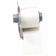 White polyester precut label roll with halogen-free material properties. Each label measures 1 1/2 in x 3/8 in. Compatible with BMP71 printer series. Used for industrial identification and labeling in environments requiring halogen-free labels.