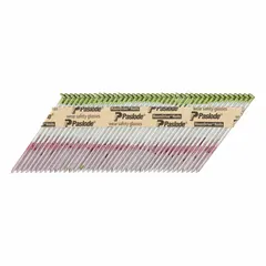 These collated framing nails are 3 1/2 inches long with an offset round head and smooth shank, made from galvanized steel. The diamond point facilitates penetration into wood. Typical applications include framing, sheathing, and decking in construction. Supplied in a 2,000-count pack.