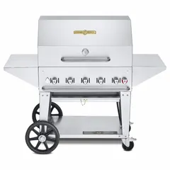 This wheeled propane grill features 5 burners with a total heating capacity of 79,500 BtuH. It accommodates one 20 lb propane tank and has an overall height of 36 inches and depth of 28 inches. Suitable for outdoor cooking applications such as grilling meats and vegetables in commercial or large-scale settings.
