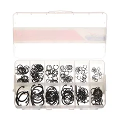 Internal ring assortment containing 218 inch-size housing rings made of steel with a black phosphate finish. Used for securing components in bores and housings in mechanical assemblies.