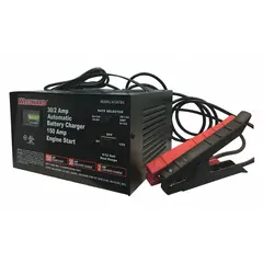 This automatic benchtop battery charger is designed for maintaining lead-acid and AGM batteries. It features auto on/off operation, delivering a boost current of 150 A at 12V, a charging current of 2 A at 12V, and a maintaining current of 6A at 6V. Suitable for use in fleet and vehicle maintenance settings where hands-free battery care is required.
