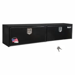 Double drop-down door topside box with T-handle and keyed lock. Overall width 72 inches, black finish. Designed for secure storage of tools and equipment in truck beds for fleet and vehicle maintenance applications.