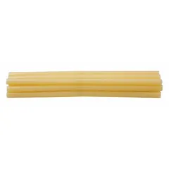 Tan hot melt adhesive sticks, 1/2 inch diameter by 12 inches long, melting at 210°F. Bonds paper and wood. Suitable for carton sealing and packaging applications requiring indirect food contact compliance (FDA 21 CFR 175.105). Pack of 280 sticks (20 lb).
