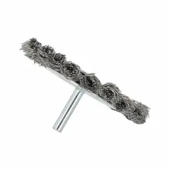 This heavy-cleaning brush is designed for removing rust, scale, and weld splatter from contoured carbon steel surfaces. The 0.02" twisted steel fill provides aggressive cleaning action on irregular shapes. With a 3" diameter and 3/8" width, it features a 1/4" shank for use with rotary tools.