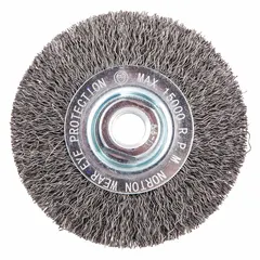 This light-cleaning brush features a crimped steel fill of 0.014" and measures 4" in diameter by 7/16" in width. It has a 5/8"-11 arbor for mounting. Designed for surface preparation and maintenance on carbon steel, it removes rust, scale, and light burrs without aggressive cutting.
