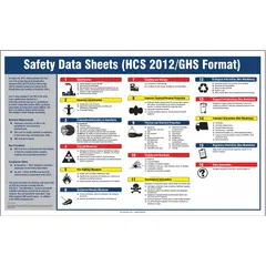 This 22 in x 28 in safety poster displays safety data sheet information for workplace right-to-know compliance. The clear film laminate coating protects the poster in demanding environments. Printed in English. Does not include a frame or write-on surface.