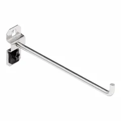 This surface-mount hook is designed for organizing tape tools on square-hole pegboard. It features a 90-degree single hook with 6-inch depth, made of brushed stainless steel with a silver finish. Includes three hooks and ABS retainers for secure locking.