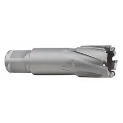 Carbide-tipped annular cutter with 1-1/8 in diameter and 2 in maximum cutting depth. Features a bright finish and Weldon Flat shank for secure mounting. Designed for cutting tough materials in structural steel, plate, and pipe applications.