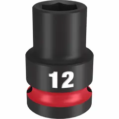 This 1/2" drive impact socket features a 12 mm metric size with a 6-point configuration and black phosphate finish. Designed for use with impact wrenches in fastening and loosening applications in automotive, construction, and industrial settings.