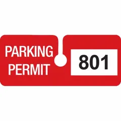 Vinyl parking hanger in red, with a card height of 2 inches and overall width of 4 3/4 inches. Supplied in a pack of 100. Used to designate authorized parking in facilities such as industrial sites, office lots, or gated communities.