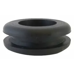 Style 1 grommet made from SBR rubber with 60A hardness. Inside diameter 0.19 in, outside diameter 0.44 in. Meets ASTM D2000 M6AA607. Abrasion resistant for protecting cables and hoses passing through panel openings.