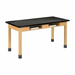 Fixed-height lab table with ChemGuard laminate countertop in black with oak wood finish. Overall height 30 inches, length 6 feet. Suitable for laboratory, educational, and industrial settings requiring a chemical-resistant work surface.