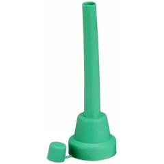 This spout funnel with screen is made of thermoplastic elastomer and includes a cap. It has a 1 3/4 in overall diameter and a 5 1/2 in overall height. The funnel is used for transferring fluids into tight openings while filtering debris, suitable for automotive and maintenance tasks.