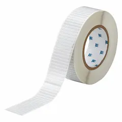 Precut label roll made of polyimide with white gloss finish. Each label measures 1/8 in x 1 1/2 in and withstands temperatures from -94°F to 572°F. Compatible with THT printer series. Used for high-temperature identification in industrial environments such as circuit board labeling and wire marking.