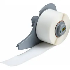 Black-on-white nylon continuous label roll, 1 inch wide, for use with M710 printer series. Requires M7-R6200 ribbon. Suitable for industrial identification and labeling applications.