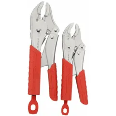 Set of two curved jaw locking pliers with max jaw openings of 1 in and 2 in, overall lengths of 7 in and 10 in, and jaw lengths of 1 in and 1 1/8 in. Used for clamping, gripping, and holding workpieces in metalworking, fabrication, and maintenance tasks.